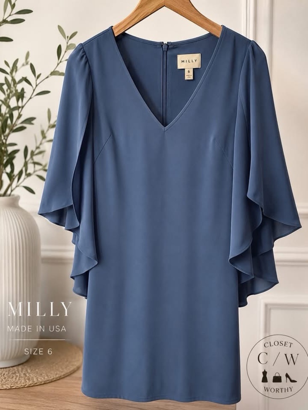 Milly Blue Silk Flutter Sleeve Shift Dress - Size 6